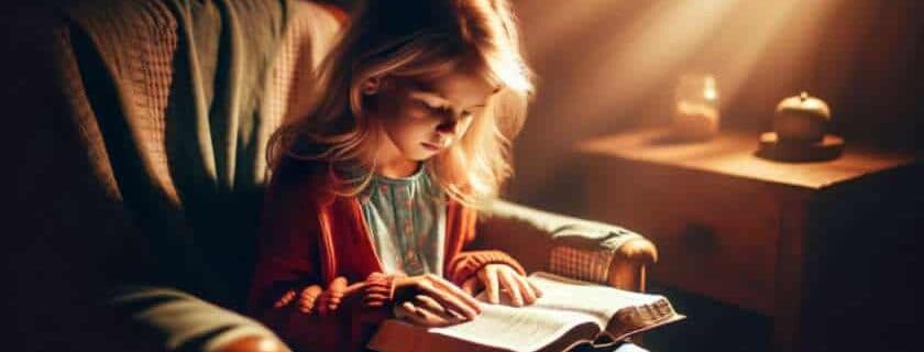 child reading the bible on a chair and power of prayer verses