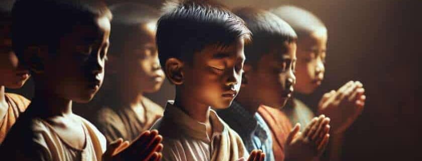 children praying with closed eyes and palms together