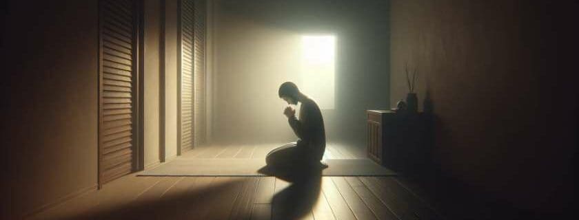 man kneeling in a dark room and power of prayer verses